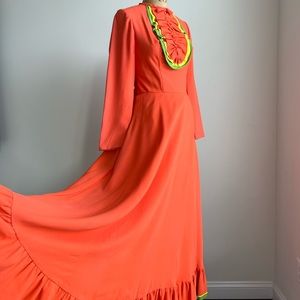 Vintage 1960s Emma Domb ILGWU Union Label Tangerine Festive Maxi Dress
